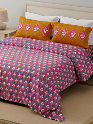 100% Cotton 120 TC, Double Size Blue & Pink Bedsheet with 2 Pillow Covers (Floral Print)