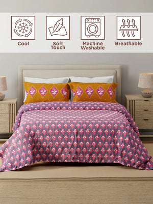 100% Cotton 120 TC, Double Size Blue & Pink Bedsheet with 2 Pillow Covers (Floral Print)