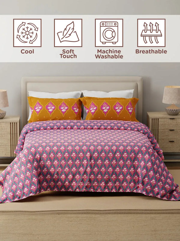 100% Cotton 120 TC, Double Size Blue & Pink Bedsheet with 2 Pillow Covers (Floral Print)