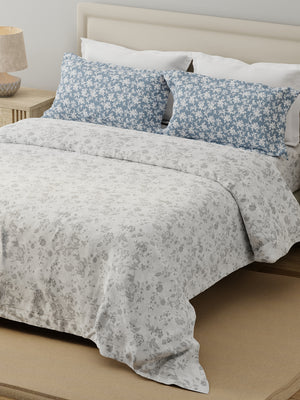 100% Cotton 120 TC, Double Size Grey Bedsheet with 2 Pillow Covers (Floral Print)