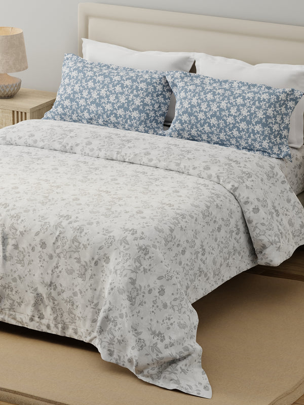 100% Cotton 120 TC, Double Size Grey Bedsheet with 2 Pillow Covers (Floral Print)