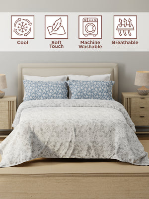 100% Cotton 120 TC, Double Size Grey Bedsheet with 2 Pillow Covers (Floral Print)
