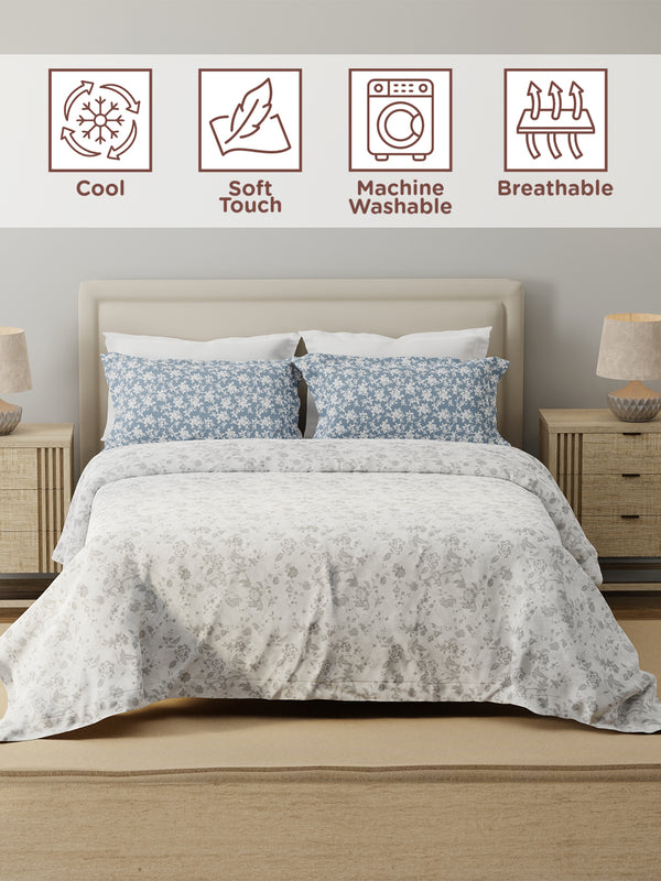 100% Cotton 120 TC, Double Size Grey Bedsheet with 2 Pillow Covers (Floral Print)