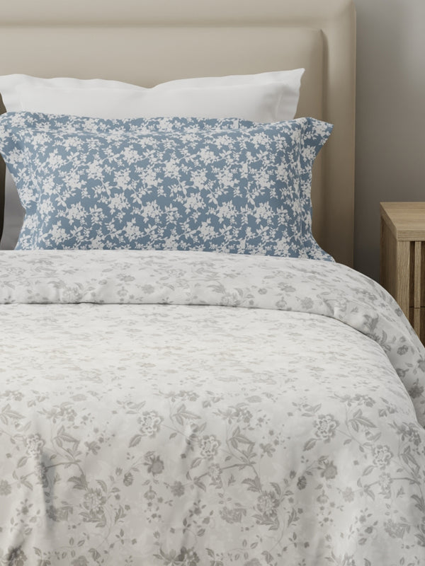 100% Cotton 120 TC, Double Size Grey Bedsheet with 2 Pillow Covers (Floral Print)