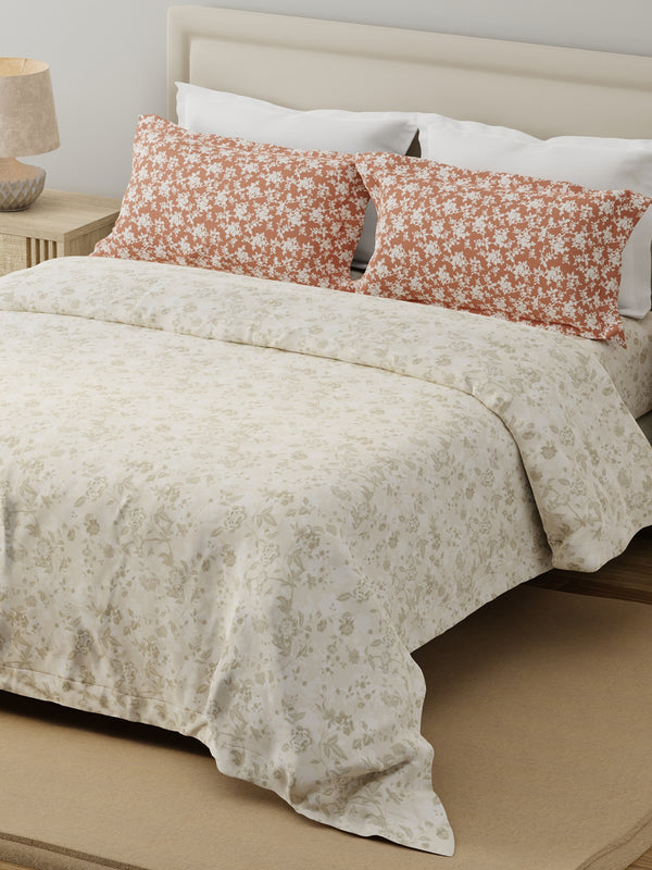 100% Cotton 120 TC, Double Size Grey & Brown Bedsheet with 2 Pillow Covers (Floral Print)