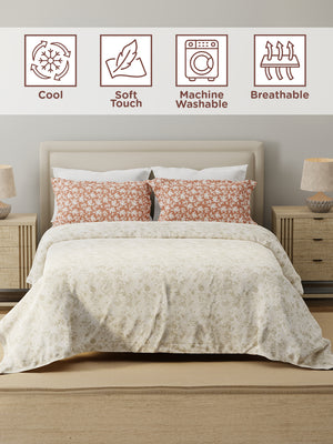 100% Cotton 120 TC, Double Size Grey & Brown Bedsheet with 2 Pillow Covers (Floral Print)