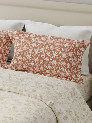 100% Cotton 120 TC, Double Size Grey & Brown Bedsheet with 2 Pillow Covers (Floral Print)