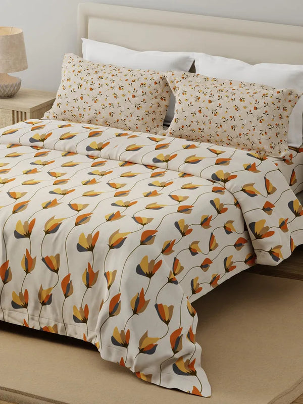 100% Cotton 120 TC, Double Size Grey & Cream Bedsheet with 2 Pillow Covers (Floral Print)