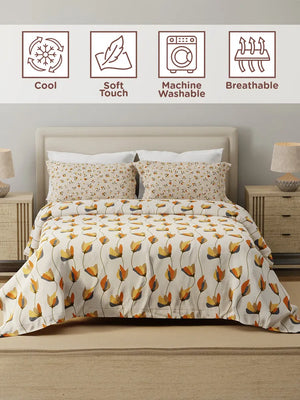 100% Cotton 120 TC, Double Size Grey & Cream Bedsheet with 2 Pillow Covers (Floral Print)