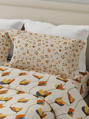 100% Cotton 120 TC, Double Size Grey & Cream Bedsheet with 2 Pillow Covers (Floral Print)