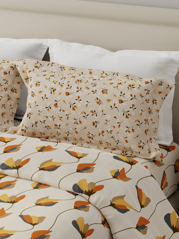 100% Cotton 120 TC, Double Size Grey & Cream Bedsheet with 2 Pillow Covers (Floral Print)