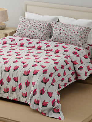100% Cotton 120 TC, Double Size Grey & Pink Bedsheet with 2 Pillow Covers (Floral Print)