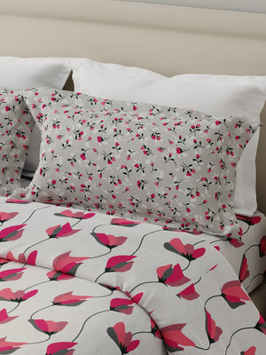 100% Cotton 120 TC, Double Size Grey & Pink Bedsheet with 2 Pillow Covers (Floral Print)