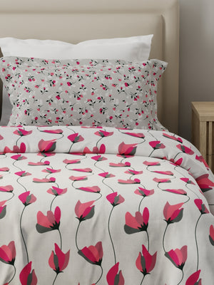 100% Cotton 120 TC, Double Size Grey & Pink Bedsheet with 2 Pillow Covers (Floral Print)