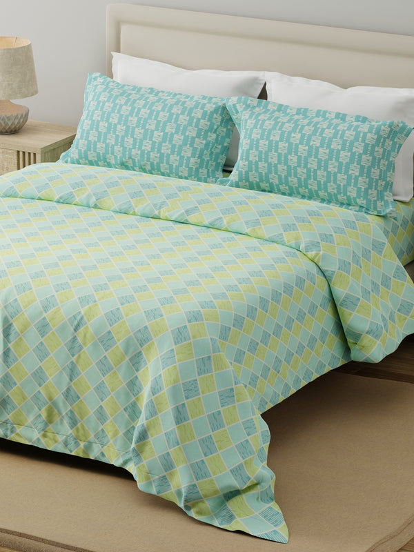 100% Cotton 120 TC, Double Size Blue & Yellow Bedsheet with 2 Pillow Covers (Geometric Print)