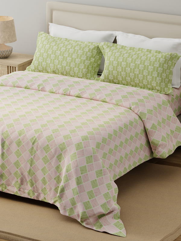 100% Cotton 120 TC, Double Size Pink & Green Bedsheet with 2 Pillow Covers (Geometric Print)