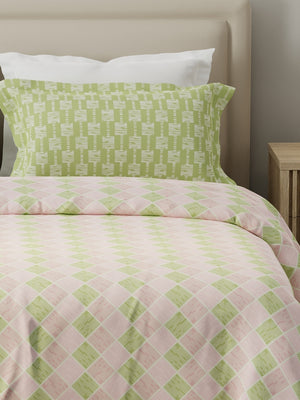 100% Cotton 120 TC, Double Size Pink & Green Bedsheet with 2 Pillow Covers (Geometric Print)