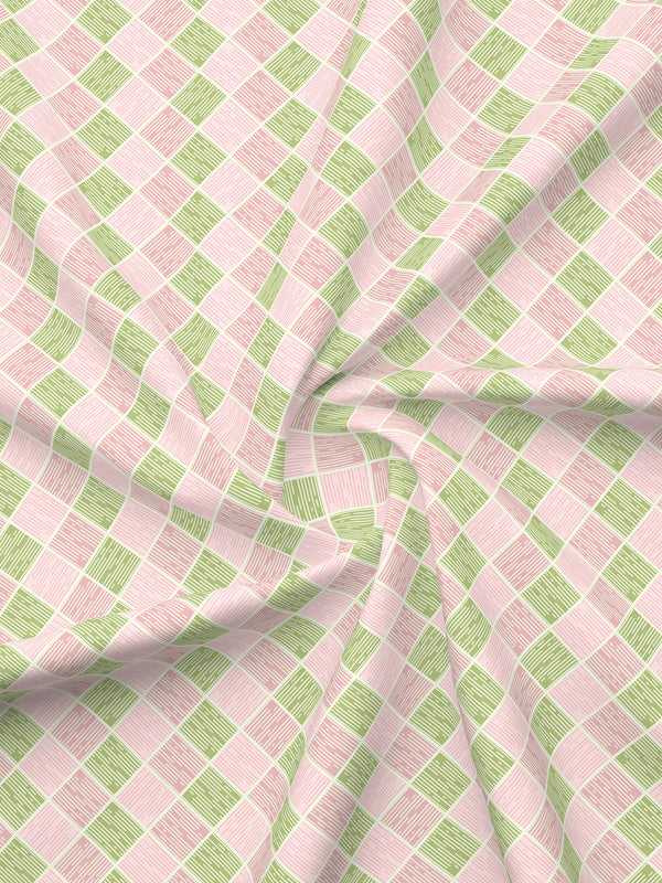 100% Cotton 120 TC, Double Size Pink & Green Bedsheet with 2 Pillow Covers (Geometric Print)