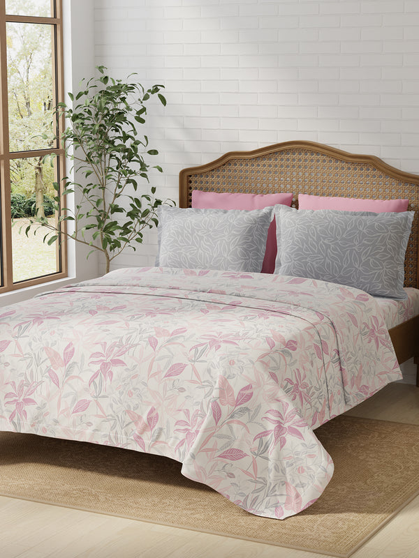 100% Cotton 180 TC, King Size Pink & Grey Bedsheet with 2 Pillow Covers, Pure Nest Collection (Floral Print)
