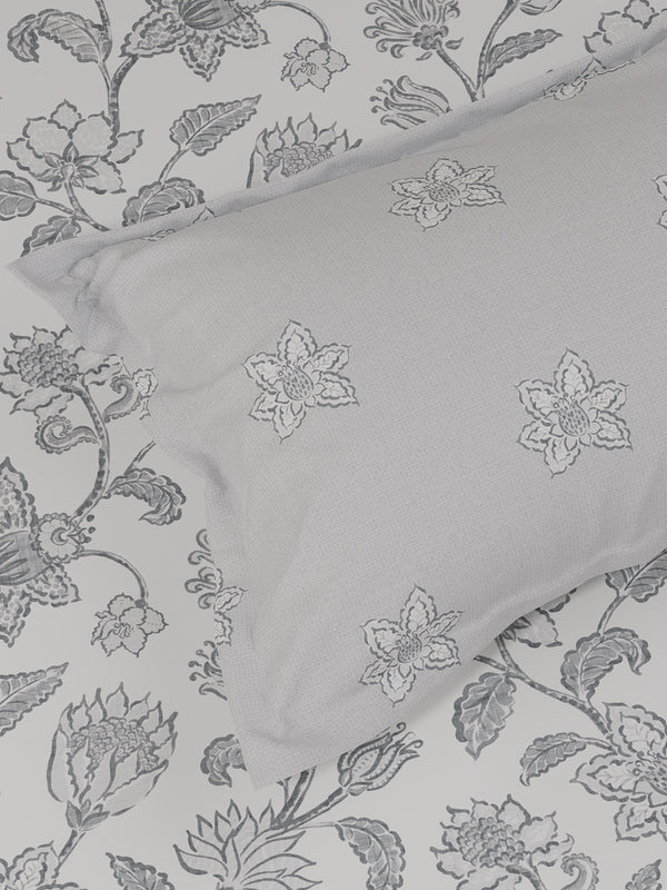 100% Cotton 180 TC, King Size Grey & White Bedsheet with 2 Pillow Covers, Pure Nest Collection (Floral Print)