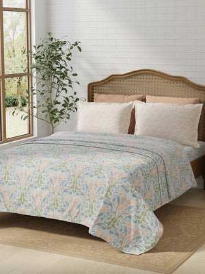 100% Cotton 180 TC, King Size Blue & Peach Bedsheet with 2 Pillow Covers, Pure Nest Collection (Floral Print)