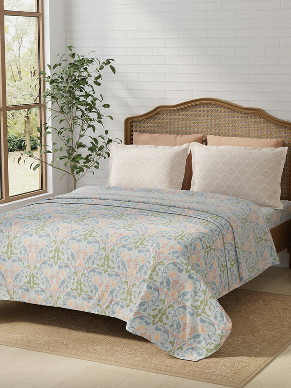 100% Cotton 180 TC, King Size Blue & Peach Bedsheet with 2 Pillow Covers, Pure Nest Collection (Floral Print)