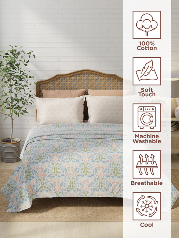 100% Cotton 180 TC, King Size Blue & Peach Bedsheet with 2 Pillow Covers, Pure Nest Collection (Floral Print)