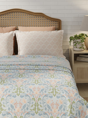 100% Cotton 180 TC, King Size Blue & Peach Bedsheet with 2 Pillow Covers, Pure Nest Collection (Floral Print)
