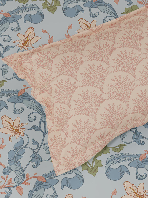 100% Cotton 180 TC, King Size Blue & Peach Bedsheet with 2 Pillow Covers, Pure Nest Collection (Floral Print)