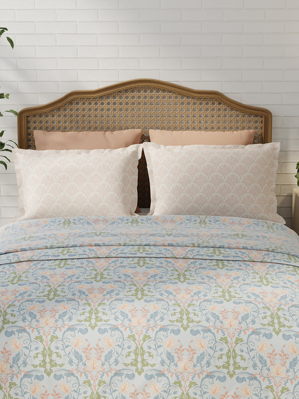 100% Cotton 180 TC, King Size Blue & Peach Bedsheet with 2 Pillow Covers, Pure Nest Collection (Floral Print)