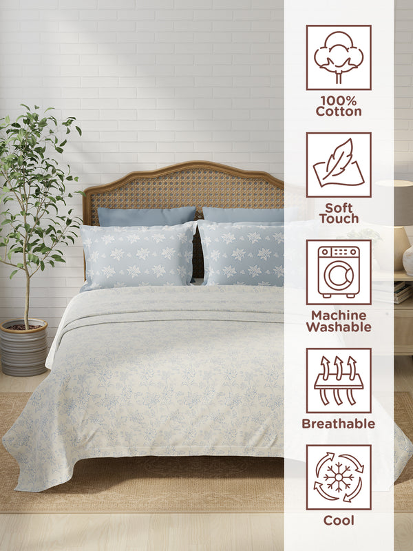 100% Cotton 180 TC, King Size Blue Bedsheet with 2 Pillow Covers, Pure Nest Collection (Floral Print)