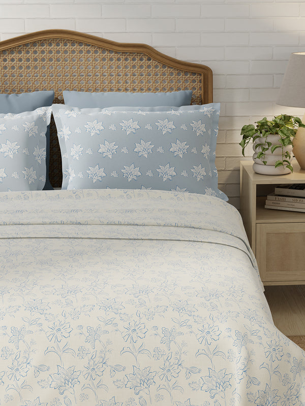 100% Cotton 180 TC, King Size Blue Bedsheet with 2 Pillow Covers, Pure Nest Collection (Floral Print)