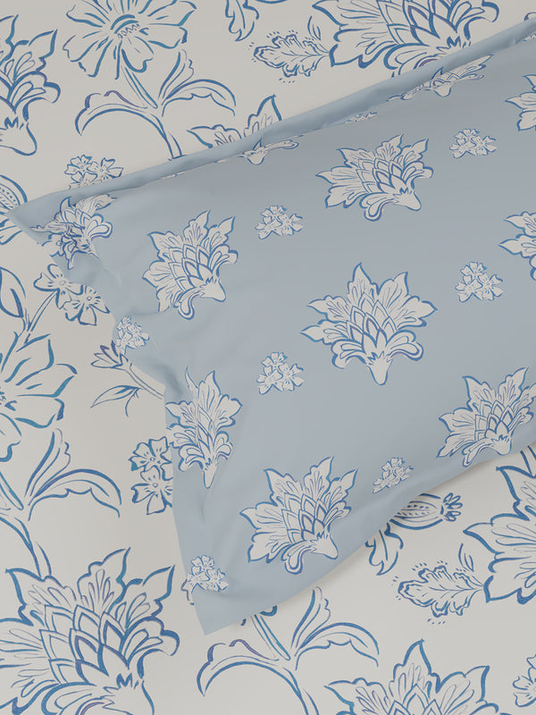 100% Cotton 180 TC, King Size Blue Bedsheet with 2 Pillow Covers, Pure Nest Collection (Floral Print)