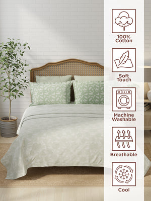 100% Cotton 180 TC, King Size Green Bedsheet with 2 Pillow Covers, Pure Nest Collection (Floral Print)