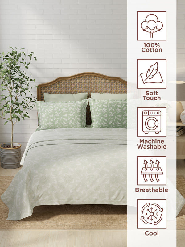 100% Cotton 180 TC, King Size Green Bedsheet with 2 Pillow Covers, Pure Nest Collection (Floral Print)