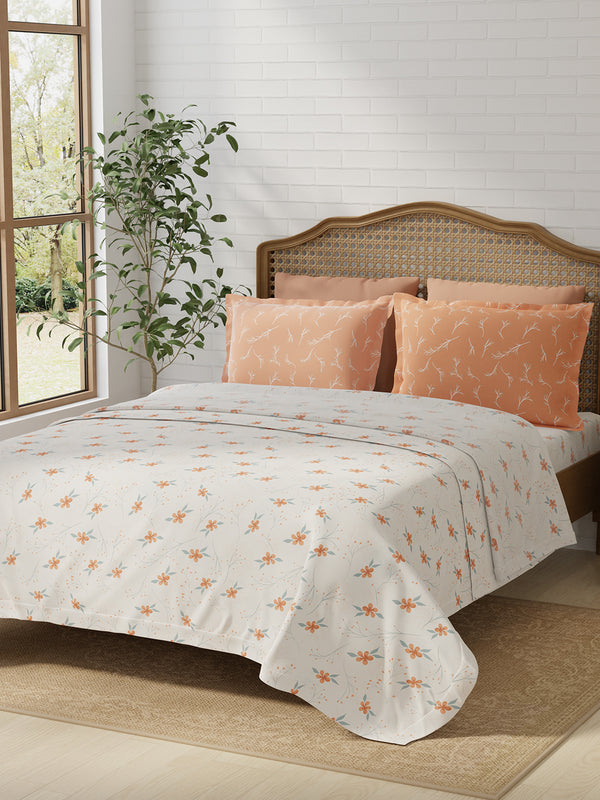 100% Cotton 180 TC, King Size Orange & White Bedsheet with 2 Pillow Covers, Pure Nest Collection (Floral Print)