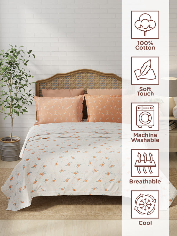 100% Cotton 180 TC, King Size Orange & White Bedsheet with 2 Pillow Covers, Pure Nest Collection (Floral Print)