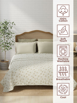 100% Cotton 180 TC, King Size Brown & White Bedsheet with 2 Pillow Covers, Pure Nest Collection (Floral Print)