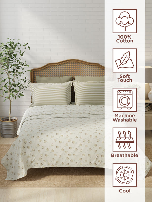 100% Cotton 180 TC, King Size Brown & White Bedsheet with 2 Pillow Covers, Pure Nest Collection (Floral Print)