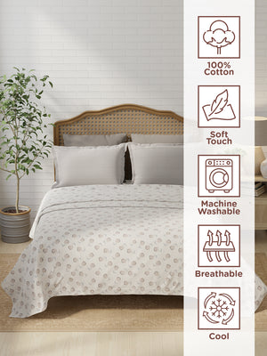 100% Cotton 180 TC, King Size Grey & White Bedsheet with 2 Pillow Covers, Pure Nest Collection (Floral Print)