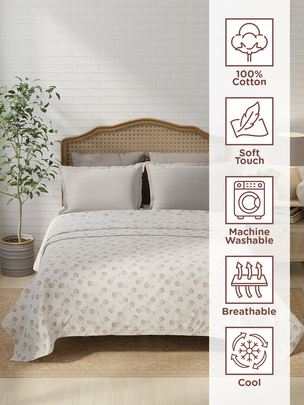 100% Cotton 180 TC, King Size Grey & White Bedsheet with 2 Pillow Covers, Pure Nest Collection (Floral Print)
