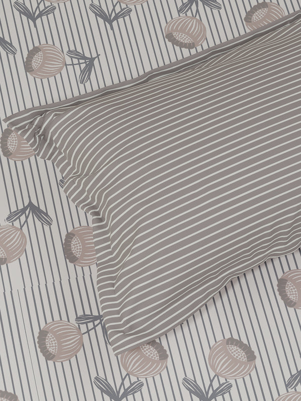 100% Cotton 180 TC, King Size Grey & White Bedsheet with 2 Pillow Covers, Pure Nest Collection (Floral Print)