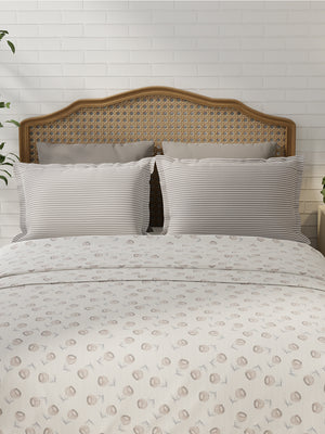 100% Cotton 180 TC, King Size Grey & White Bedsheet with 2 Pillow Covers, Pure Nest Collection (Floral Print)