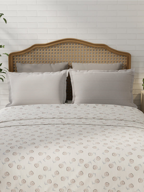 100% Cotton 180 TC, King Size Grey & White Bedsheet with 2 Pillow Covers, Pure Nest Collection (Floral Print)
