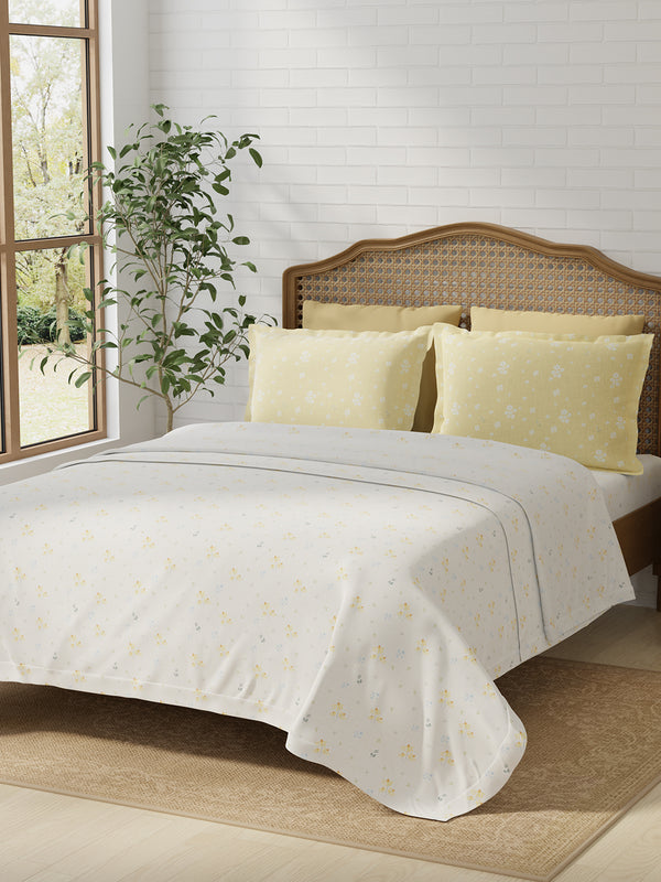 100% Cotton 180 TC, King Size Yellow & White Bedsheet with 2 Pillow Covers, Pure Nest Collection (Floral Print)