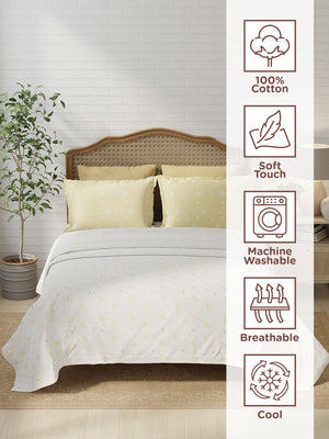 100% Cotton 180 TC, King Size Yellow & White Bedsheet with 2 Pillow Covers, Pure Nest Collection (Floral Print)