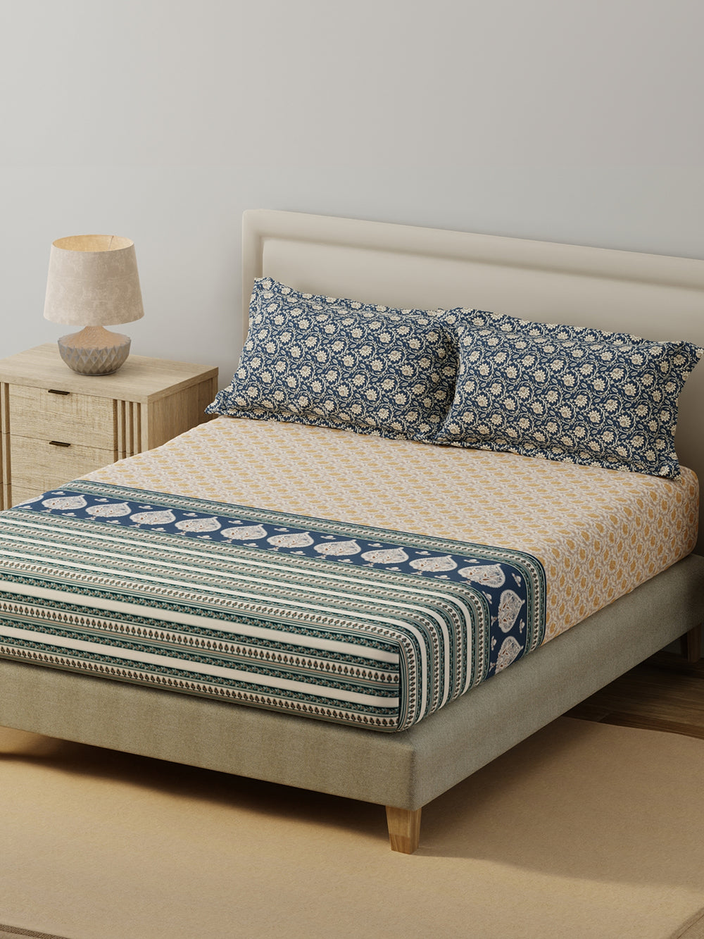 BasicX 100% Cotton 120 TC Blue & Yellow Floral King Bedsheet with 2 Pillow Covers