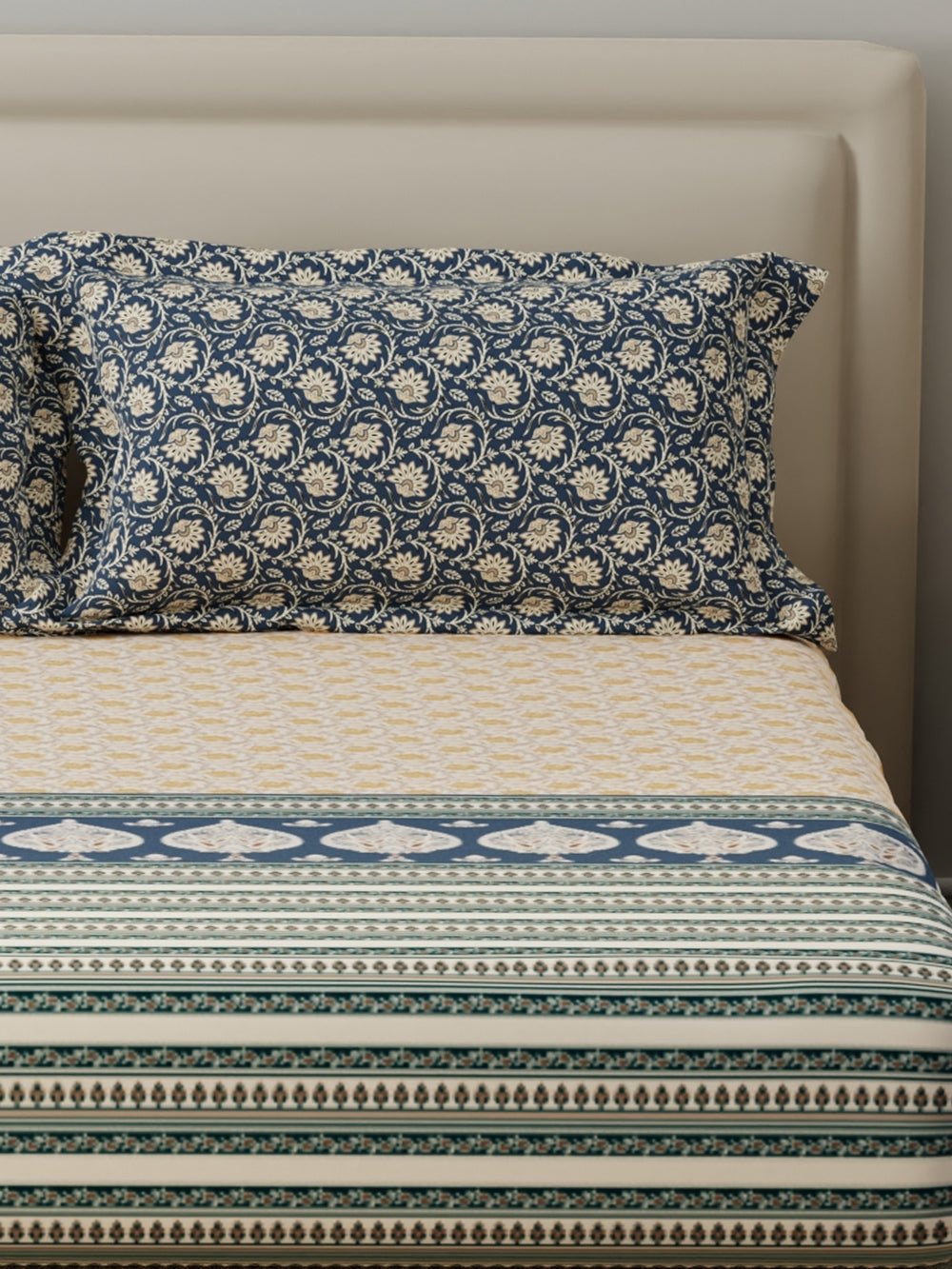 BasicX 100% Cotton 120 TC Blue & Yellow Floral King Bedsheet with 2 Pillow Covers