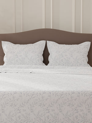 Lumina Floret 100% Cotton 144 TC White & Blue Floral Double Bedsheet with 2 Pillow Covers