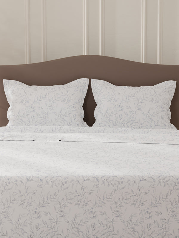 Lumina Floret 100% Cotton 144 TC White & Blue Floral Double Bedsheet with 2 Pillow Covers